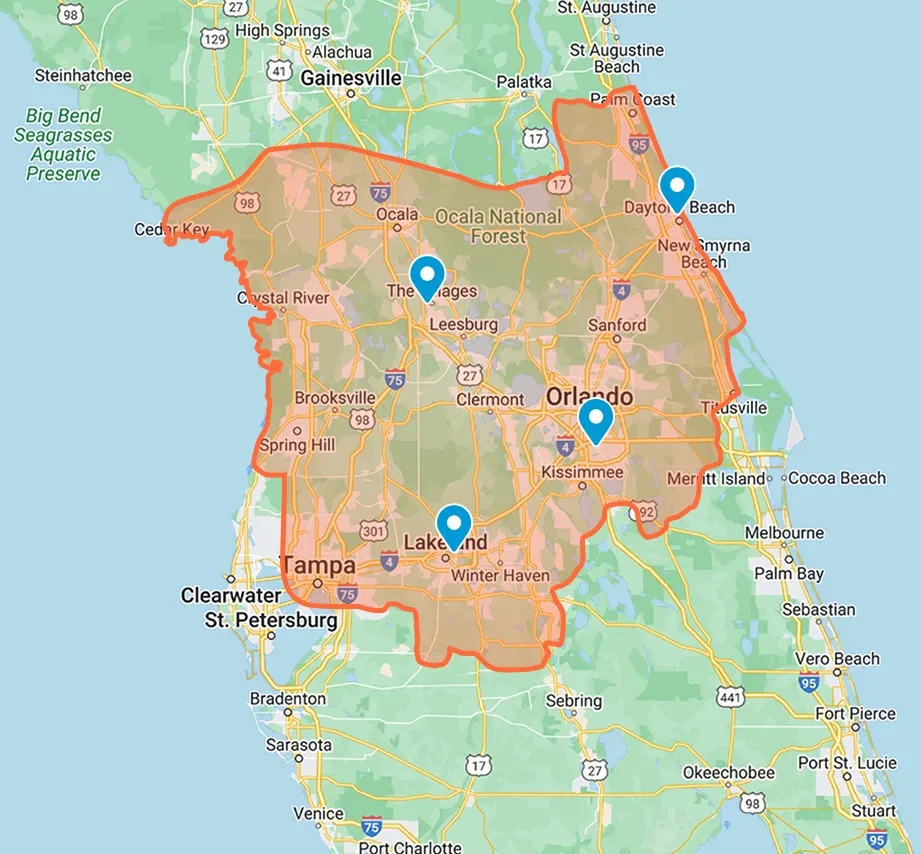 A map of Central Florida showing a highlighted region with four blue location markers near Tampa, Lakeland, Orlando, and Daytona Beach.