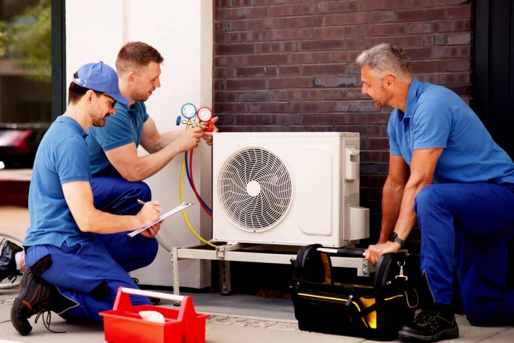 Experienced,Technician,Inspecting,Air,Conditioning,Units,And,Installing,Hvac,Systems